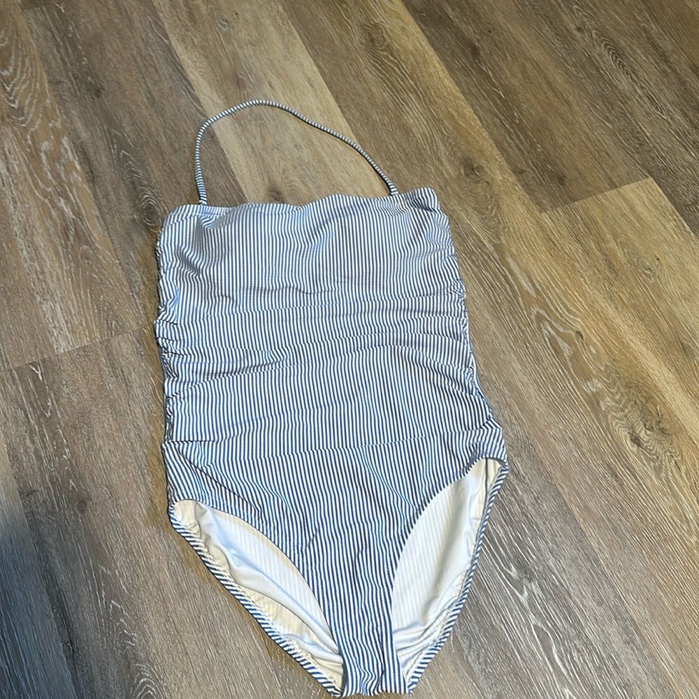 J CREW 12 striped gingham white blue halter strapless bathing suit one piece